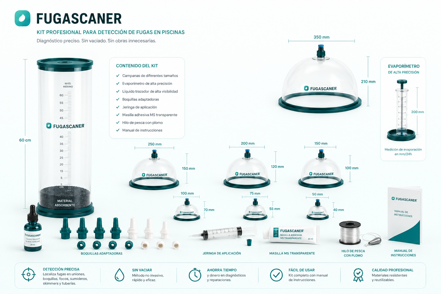 Kit profesional FUGASCANER para detección de fugas en piscinas: campanas de succión, evaporímetro, líquido trazador, boquillas adaptadoras, jeringa, masilla MS, hilo con plomo y manual